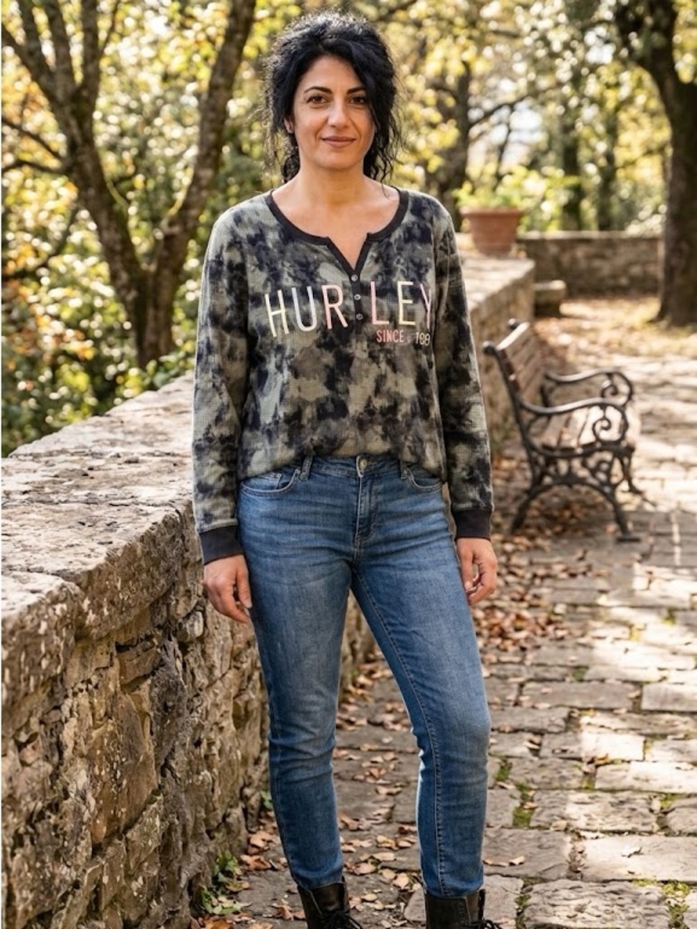 Hurley Grey & Black Tie-Dye Henley Pullover